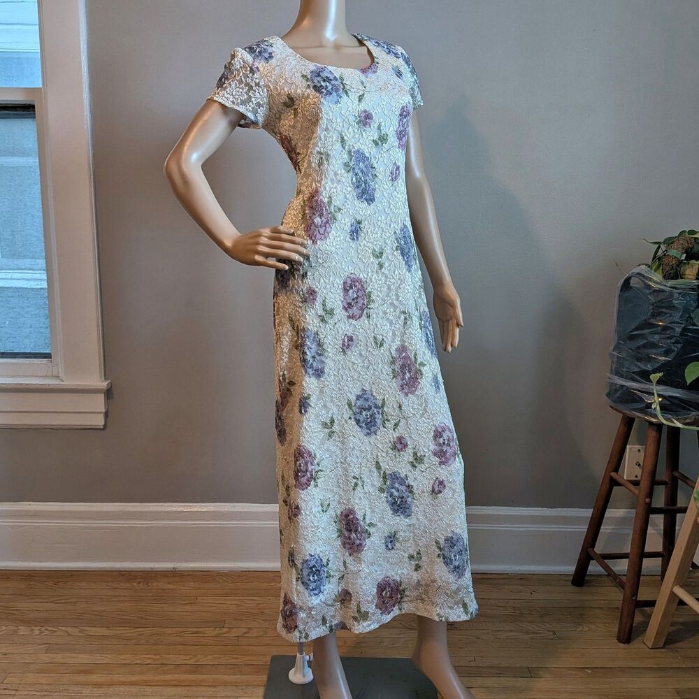 Vintage 90s Scarlett Floral Lace Dress Maxi Fairycore Boho Size 5/6